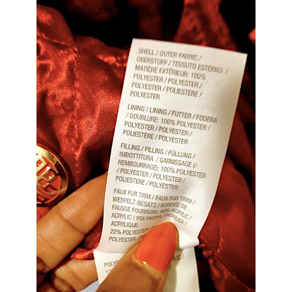 Dennis Basso Red Faux Fur Hood Button Down Zip Up Coat Jacket Women's Size XL - Picture 7 of 8